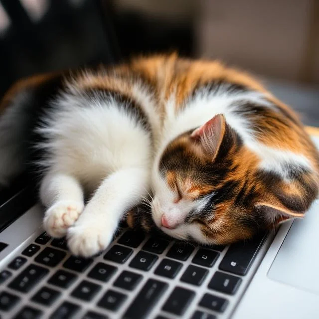 A fluffy cat curled up asleep on a laptop keyboard