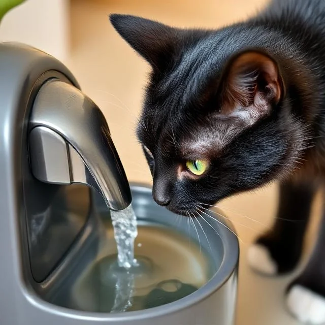 A cat delicately drinking from a modern pet water fountain